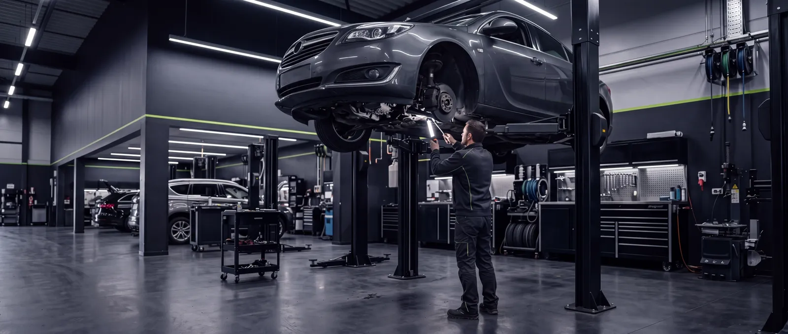 Técnico de CARVO revisando la parte baja de un auto elevado en un centro automotriz moderno