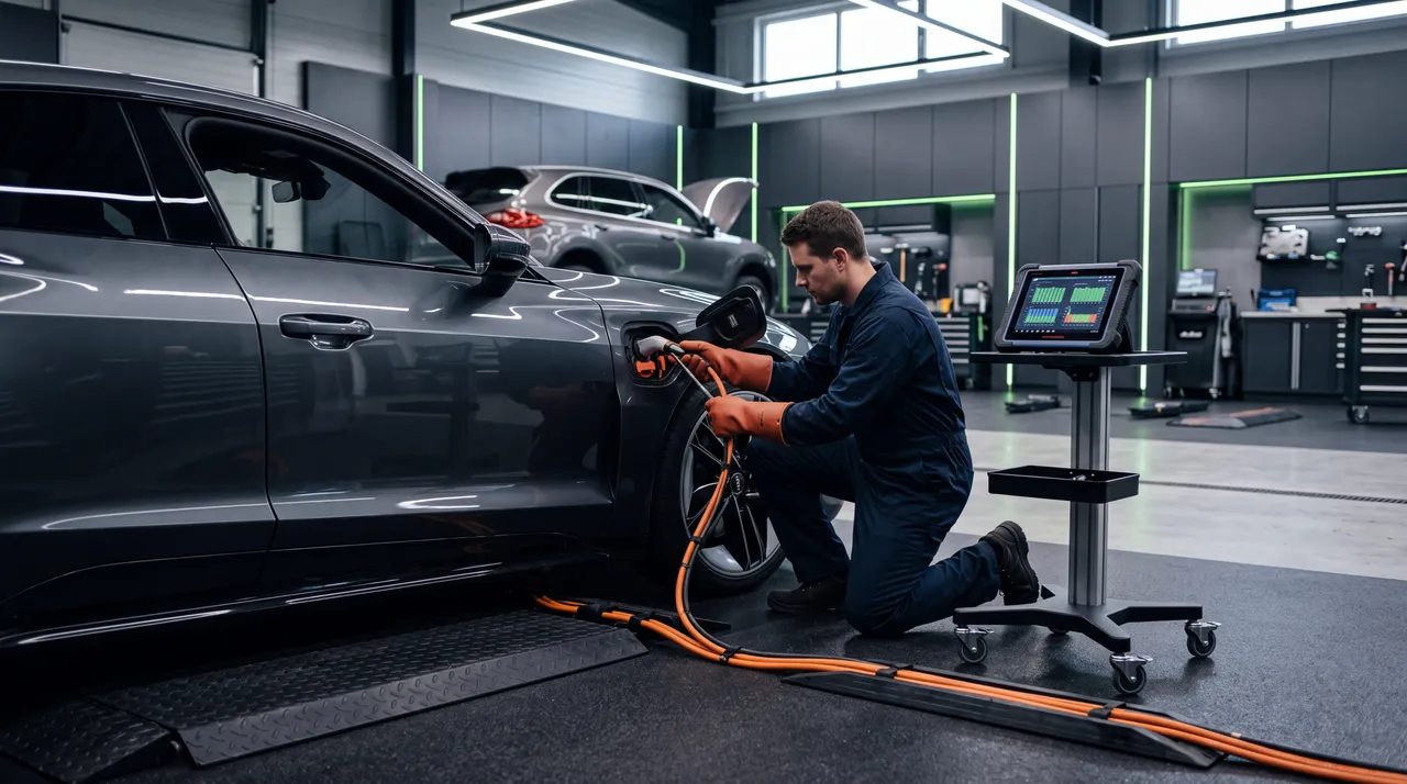 Técnico revisando el sistema de carga de un vehículo eléctrico