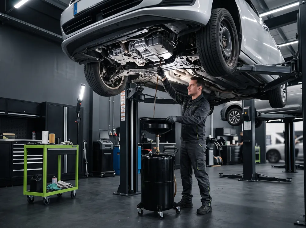 Técnico realizando cambio de aceite bajo un auto elevado