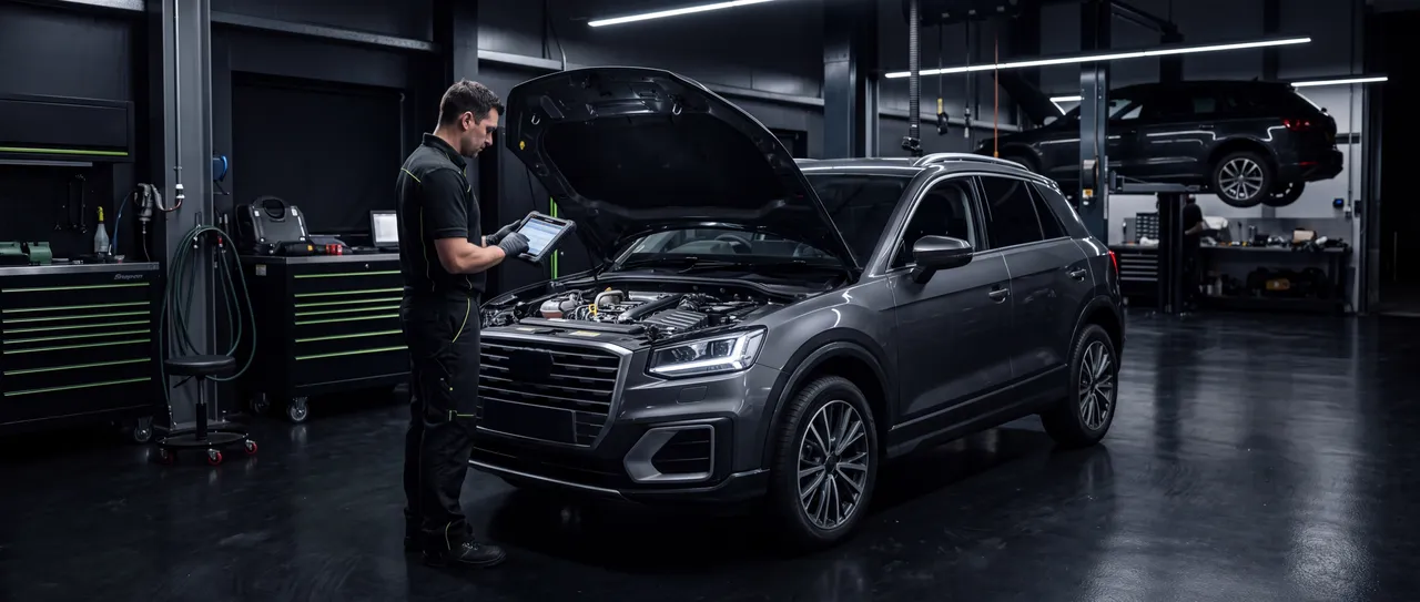 Técnico consultando una tablet de diagnóstico junto a una SUV con el cofre abierto