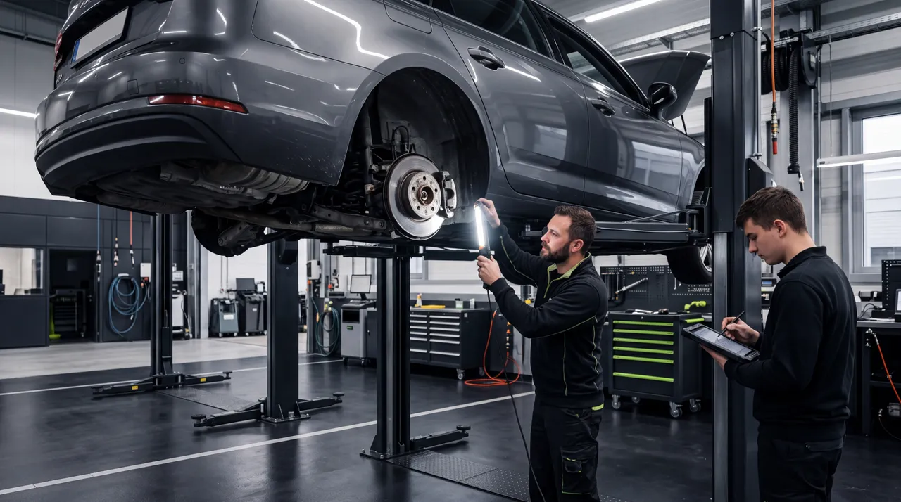 Dos técnicos realizando una inspección de precompra bajo un auto elevado